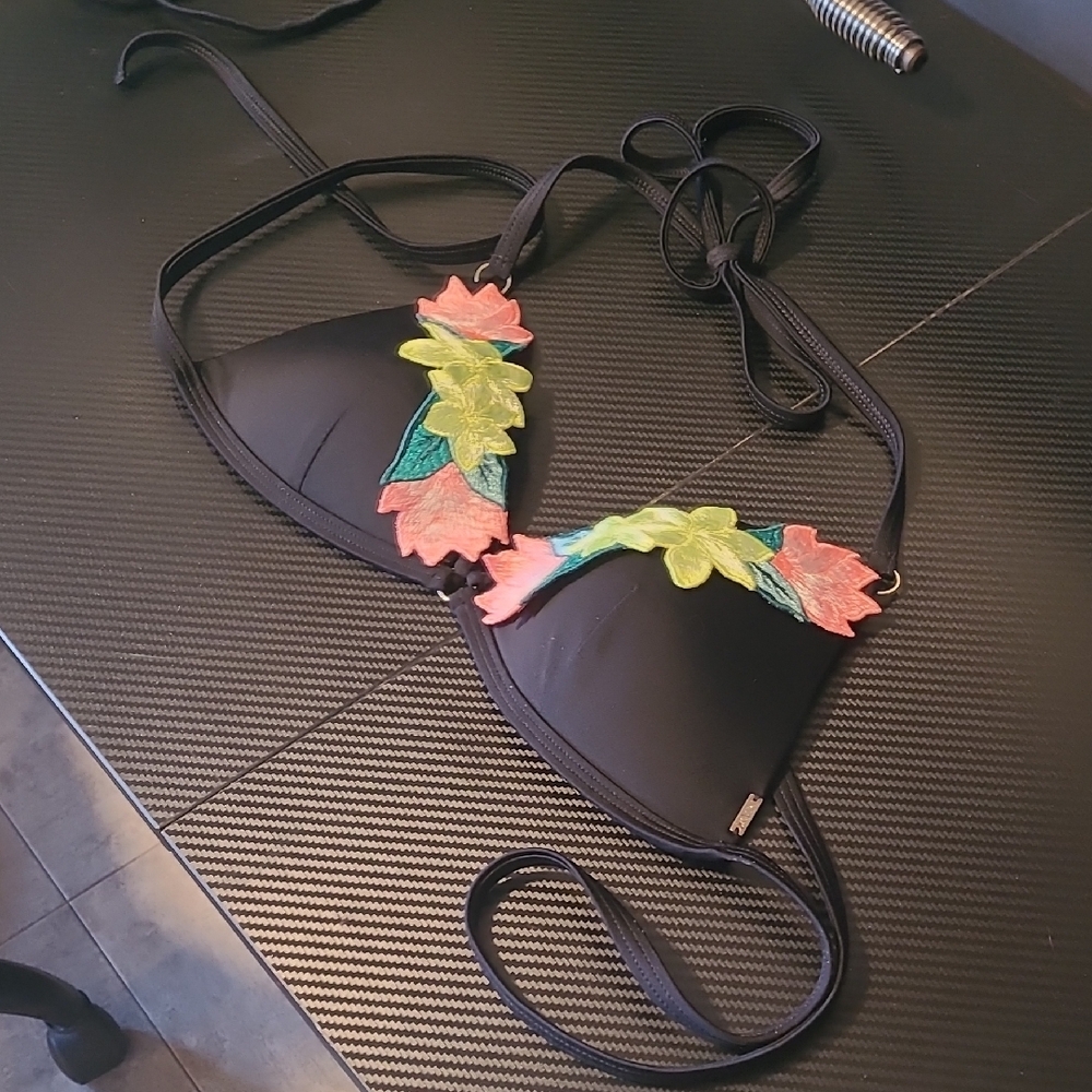 Floral Embroidered Black Bikini Top